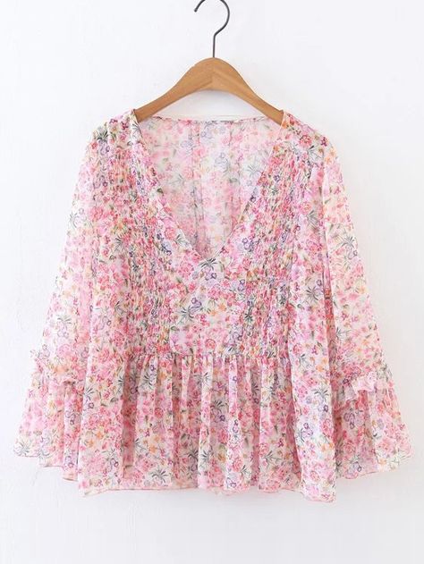 Shop V-Neckline Ruffle Hem Floral Chiffon Blouse online. SheIn offers V-Neckline Ruffle Hem Floral Chiffon Blouse & more to fit your fashionable needs. Chiffon Tops For Women Trendy, Pink Chiffon Blouse, Floral Chiffon Top, Printed Chiffon Blouse, Chiffon Shirt Blouse, Women Chiffon Blouse, Floral Chiffon Blouse, Long Kurti, Trendy Fashion Tops