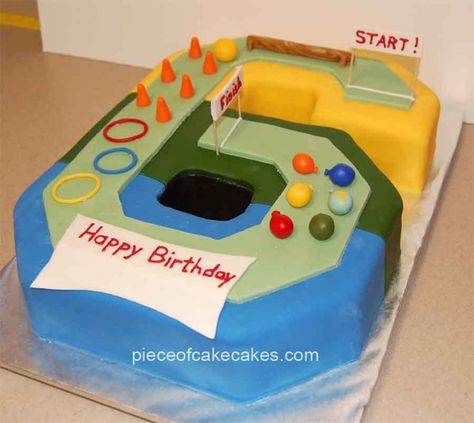 Obstacle Course Cake Ideas, Obstacle Course Birthday Cake, Obstacle Course Cake, Wipeout Party, Obstacle Course Party, Gymnast Birthday Party, Kids Obstacle Course, Gymnastics Birthday, Olympic Party