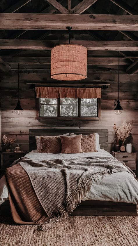 hink cabin vibes with a boho flair—perfect for a cozy, inviting bedroom. Wood Boho Bedroom, Boho Cabin, Cabin Vibes, Inviting Bedroom, Boho Style Bedroom, Style Bedroom, Hanging Light, Wood Accents, Boho Bedroom