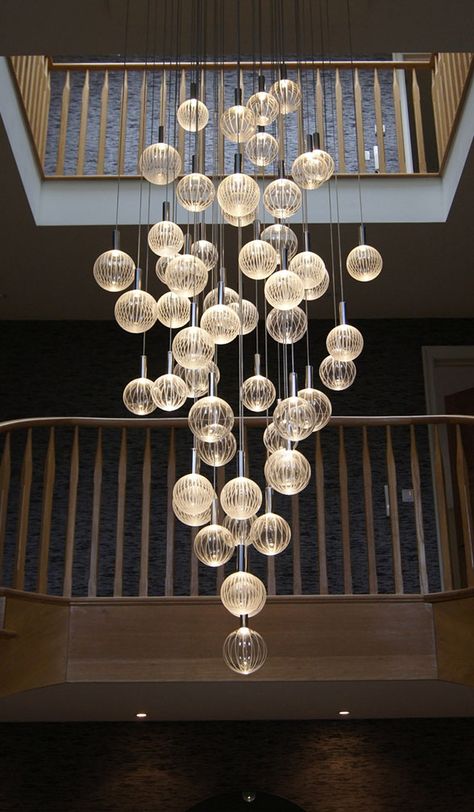 Stairway Lighting Ideas, Staircase Pendant Lighting, Staircase Lighting Ideas, Lighting Sculpture, Stairway Lighting, Hall Lighting, Cluster Pendant Lighting, Glass Staircase, Staircase Lighting