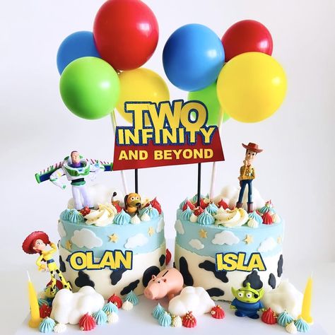 A big shoutout to @cake_and_layer for crafting this incredible Toy Story-themed cake for the dynamic duo, Olan and Isla, as they turn two! 🎈🌈 Topped with our rainbow balloon cake topper, this cake is taking the celebration "to infinity and beyond." 🌟🚀 #ToyStoryTwins #BirthdayJoy #BalloonCakeTopperMagic #toystorycake #toystoryparty #toystory #toystorybirthday #toystorybirthdayparty #ballooncaketopper #ballooncaketoppers #rainbowballoons Two Infinity And Beyond Birthday, Balloon Cake Topper, Movie Cakes, Toy Story Cakes, Toy Story Birthday Party, Balloon Cake, Rainbow Balloons, Toy Story Birthday, Toy Story Party