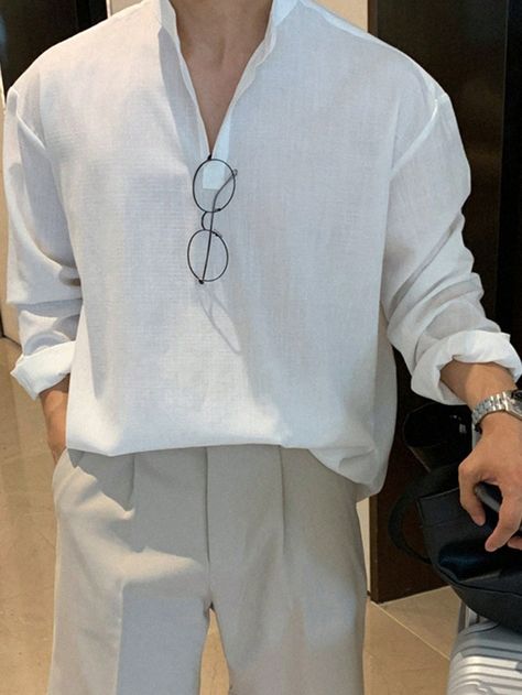 White Casual Collar Long Sleeve Fabric Plain Shirt Embellished Non-Stretch  Men Clothing White Shirt Casual Outfit Men, White Long Sleeve Shirt Outfit, Long Sleeve Shirt Outfits, Oversized White Shirt, Shirt Outfit Men, Drop Shoulder Shirt, White Shirt Men, Plain Shirt, White Long Sleeve Shirt