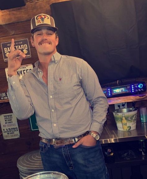 Cowboys With Mustaches, Cowboy With Mustache, Southern Outfit Men, Blonde Country Boy, Mens Country Outfits, Southern Guys, Country Boy Style, Country Style Men, Country Guy Outfits