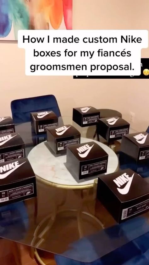 ann.wynn on Instagram: How I made custom Nike boxes for Louis’s groomsmen proposal! 🖤 Nike Boxes, Nike Birthday, Dr Wedding, Birthday Dream, Groomsmen Boxes, Birthday Luxury, Groomsman Proposal Box, 23 Birthday, Groomsmen Ideas