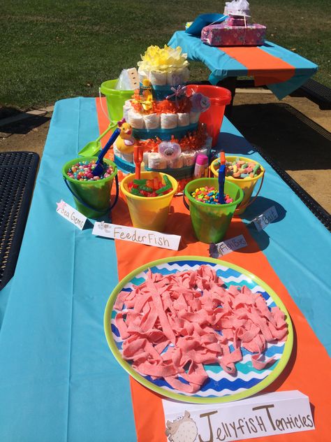 Candy table from MacKenzie's Finding Nemo baby shower. Finding Nemo Candy Table, Baby Shark Candy Table, Finding Nemo Dessert Table, Nemo Baby Shower Ideas, Finding Nemo Baby Shower Ideas, Finding Nemo Theme, Nemo Baby Shower, Jordan Birthday, Finding Nemo Baby