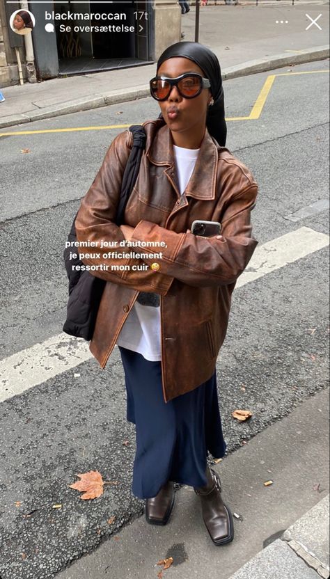 Brown Leather Jacket Outfits, Hijab Fits, 2024 Clothes, Modest Outfit, Capsule Wardrobe Outfits, Fall 23, Cute Modest Outfits, Winter Lookbook, Leather Jacket Outfits