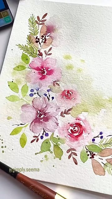 Watercolor Flower Composition, Floral Composition Drawing, Flower Border Painting, Travel Watercolor Kit, Watercolor Floral Border, Watercolor Flower Wreath, Travel Watercolor, Watercolor Pencil Art, Loose Watercolor Paintings