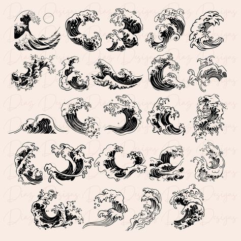 Japanese Waves Drawing, Japanese Waves Tattoo, Waves Tattoo Design, Tattoo Plume, Wave Outline, Japanese Wave Tattoos, Leg Tats, Wave Clipart, Wave Tattoo Design