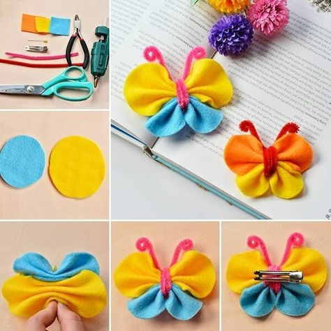 Diy Butterfly, Fabric Butterfly, Crochet Butterfly, Fabric Diy, White Pin, Ornament Tutorial, Butterfly Crafts, Butterfly Hair Clip, Chenille Stems