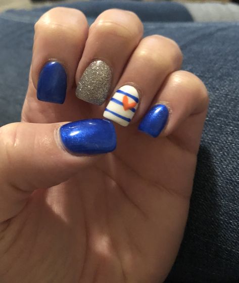 Boise State Nails, Orange And Blue Nails Ideas, Blue Orange And White Nails, Navy Blue And Orange Nails, Orange And Blue Nails Design, Navy And Orange Nails, Nail Polish Toes, Yankee Nails, Blue And Orange Nails Designs