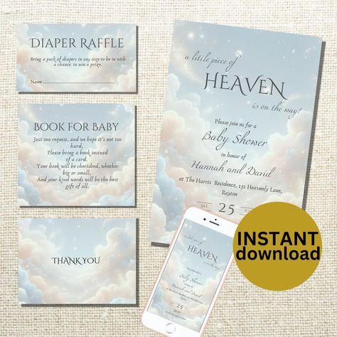 Celebrate the upcoming arrival of your little piece of heaven with our heavenly baby shower bundle. Our cloud 9 themed  invites will create a dreamy atmosphere for your baby shower. With the included diaper raffle card, your guests can participate in the excitement too. Make your baby girl shower truly special with our heaven-inspired invites. Order your heaven shower bundle now and get ready to host a memorable and ethereal baby shower that everyone will cherish. PLEASE NOTE YOU CANNOT EDIT THE Baby Shower Ultrasound Picture Ideas, Little Piece Of Heaven Baby Shower Theme, Heaven Sent Baby Shower Theme, Jean Ideas, Cloud Theme, Dreamy Atmosphere, Invitation Baby Shower, Baby Shower Invite, Diaper Raffle