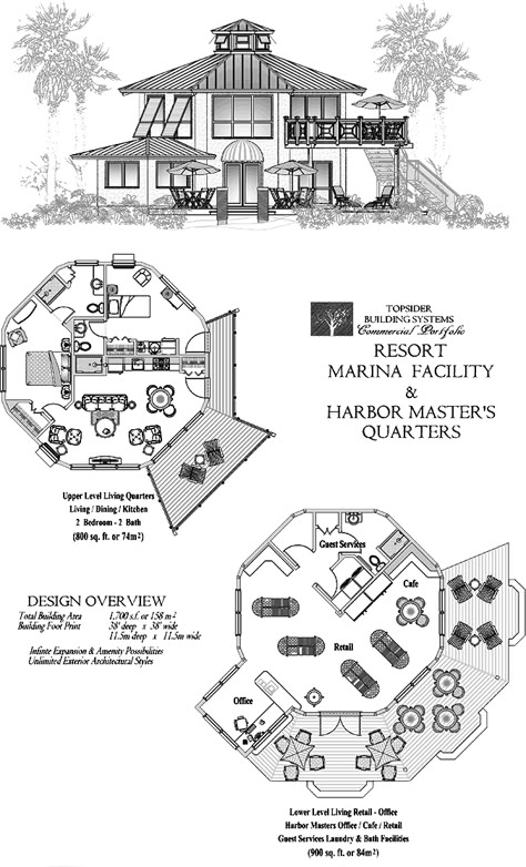 Commercial Collection COMM-Resort-Marina-Facility-Harbor-Master-Quarters-Floor-Plan (1700 sq. ft.) 0 Bedrooms, 0 Baths House Plans 1700 Sq Ft, Piling House Plans, Open Concept House Plans, Round House Plans, Hotel Floor Plan, Hotel Floor, Free House Plans, Architecture Design Sketch, Sims House Plans