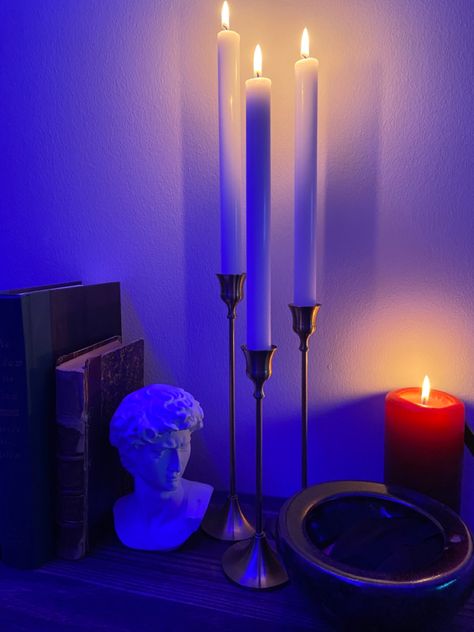 vaporwave, candles, pillar candle, brass candle holders, greek bust, greek statue, greek bust statue, led, neon, neon leds, nightstand, blue aesthetic, dark academia, light academia, books, ceramic bowl, poetry, shelf nightstand, neon room, neon decor, blue, calm aesthetic, literature Neon Academia Aesthetic, Dark Neon Room Aesthetic, Dark Academia Nightstand, Vapor Wave Room, Dark Blue Aesthetic Bedroom, Euphoria Room Aesthetic, Neon Apartment Aesthetic, Dark Blue Bedroom Aesthetic, Light Dark Academia Aesthetic