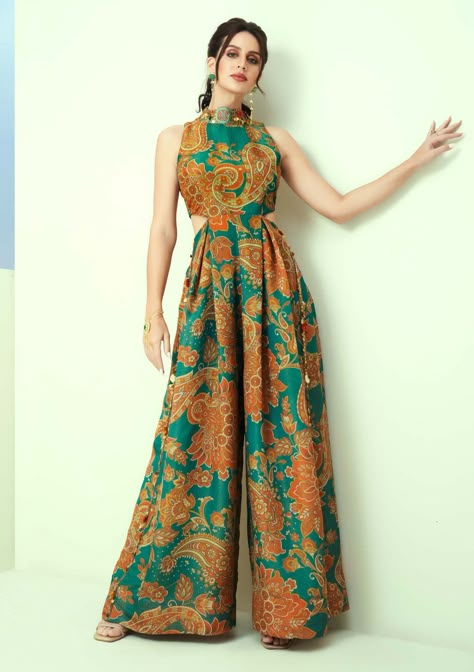 Luxury Floral Print Festive Traditional Wear, Deep Neck Western Dress, Neck Pattern Indian Dress, Floral Print Traditional Dress, Indian Wear Jumpsuit, Luxury Traditional Wear With Floral Print For Reception, Luxury Traditional Wear With Printed Motifs, Floor-length, Luxury Digital Print Traditional Wear For Festivals, Luxury Traditional Wear With Motifs For Festive Occasions