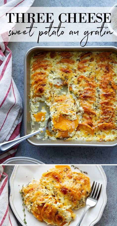 Best Potato Au Gratin Recipe, Au Gratin Sweet Potatoes, Sweet Potato With Goat Cheese, Sweet Potatoes Au Gratin, Sweet Potato Gratin Recipes, Cheesy Sweet Potato Recipes, Sweet Potato Au Gratin Recipes, Sweet Potato Cream Cheese, Sweet Potato Au Gratin