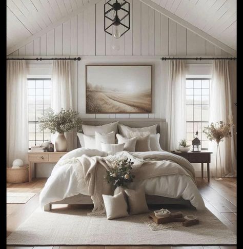 Country Modern Bedroom Ideas, Modern Farmhouse Interior Bedroom, Farmhouse Main Bedroom, Farmhouse Master Bedrooms Decor, Bedroom Farmhouse Modern, Farmhouse Master Bed, Modern Farmhouse Bedroom Master Suite, Modern Farmhouse Bedding, Country House Bedroom