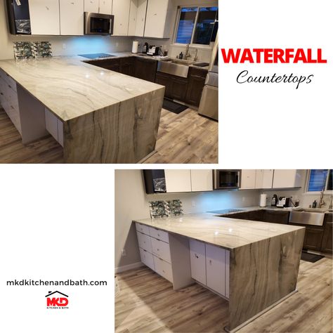 A waterfall peninsula will always give off a WOW factor. Especially with a countertop this gorgeous. You can check out our blog on the top granite materials for waterfall countertops to find your perfect fit at: https://mkdkitchenandbath.com/top-5-granite-countertops-for-waterfall-islands/ #waterfallcountertops #waterfalledge #mkdkitchenandbath #countertopgallery #kitchenremodeling #remodelinginspiration #countertopprojects Waterfall Peninsula, Waterfall Island Kitchen, Kitchen Visualizer, Waterfall Countertop, Kitchen Centerpiece, Waterfall Island, Elegant Kitchen Design, Grey Backsplash, Light Wood Floors