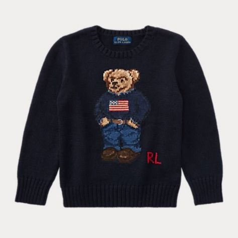 Nwt Polo Ralph Lauren Polo Bear Cotton Sweater Navy Ralph Lauren American Flag Sweater With Teddy Bear Chunky-Knit