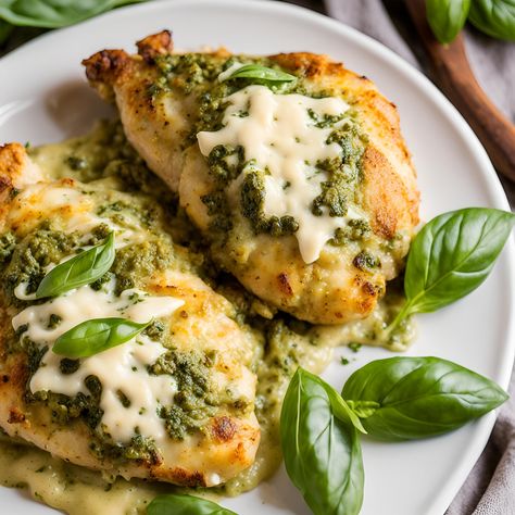 Cheesy Pesto Baked Chicken Recipe Cheesy Pesto Baked Chicken, Chicken Pesto Artichoke Bake, Baked Chicken Pesto, Pesto Baked Chicken, Pesto Stuffed Chicken, Chicken With Pesto, Creamy Pesto Chicken, Pesto Dishes, Baked Pesto Chicken