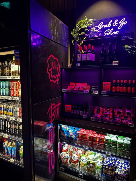 #aesthetic #wallpaper #neon #light #snack #bar #ideas #room #roomdecoration Beauty Salon Snack Bar, Gaming Room Snack Bar, Snack Bar Bedroom, Vibey Game Room, Snack Bar Aesthetic, Neon Bar Design, Home Movie Theater Snack Bar, Hangout Room Ideas Woman Cave, Movie Room Snack Bar Ideas