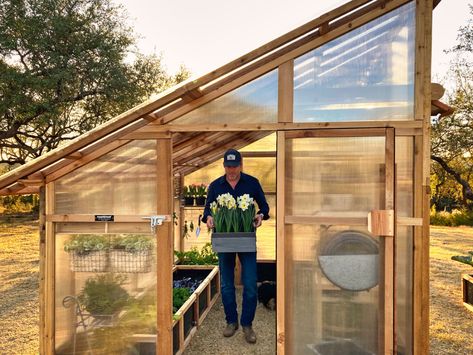 Front view of the Slant-Roof Greenhouse. Single Slope Greenhouse, Greenhouse With Shed Attached, Slant Roof Greenhouse, Timber Frame Greenhouse, Roof Greenhouse, Greenhouse Shed Combo, Diy Greenhouses, Solar Kiln, Potting Bench Plans