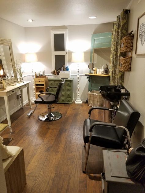 My happy place. All done second hand. Hair Station Ideas Small Spaces, Tiny Salon Ideas Small Spaces, Small Town Beauty Salon, Diy Double Sided Salon Station, Small Town Hair Salon, Hair Washing Station Salon, Tiny Hair Salon, Washing Station Hair Salon, Salon Cabin