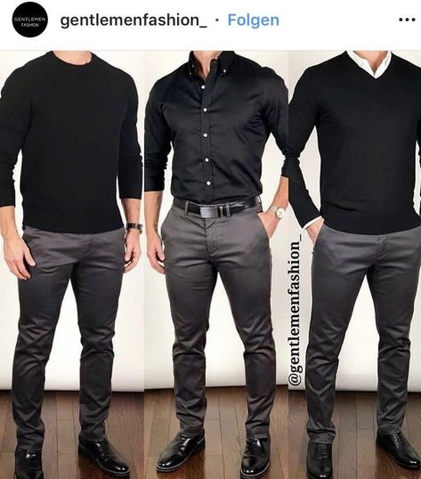 Mens Black And Grey Outfit, Navy And Gray Mens Outfit, Black Shirt Business Casual Outfit, Mens Buissnes Casual Outfits Winter, Grey Dress Shirt Men Outfits, Black And Grey Outfit Men, Black Shirt Outfit Men Casual, Grey Trousers Outfit Men Casual, Black Sweater Outfit Men