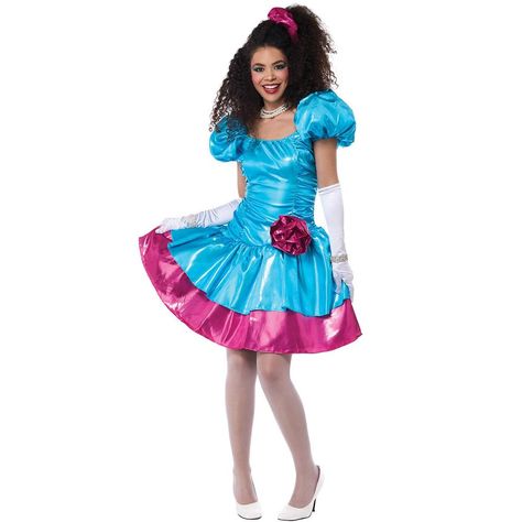 Channel the bold and colorful style of the 80s with the 1980s Party Dress Adult Costume. It features a bright blue and purple dress with puffed sleeves, creating a retro look that is both playful and chic. You can also accessorize the costume with funky jewelry, leg warmers, or scrunchies to complete the look and add a touch of personal flair. With its cool design and comfortable fit, this costume will have you feeling like you're ready to hit the dance floor and party like it's 1989! 80s Prom Dress Costume, Purple Scrunchie, 80s Party Dress, 1980s Party, 80's Party, 80s Prom Dress, California Costumes, 80s Prom, Vestidos Color Rosa