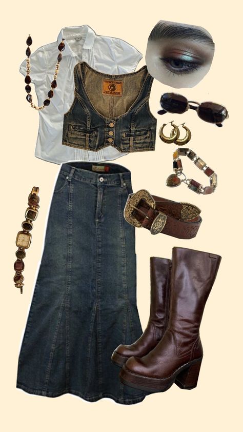 brown and denim outfit 😗💗 #outfit #outfitinspo #fyp #cute #brownboots #brown denimskirt #denim #blue Denim Blue Y2k Bottoms For Fall, Y2k Style Dark Wash Denim Skirt, Blue And Brown Aesthetic Outfit, Brown And Denim Outfit, Navy Blue And Brown Outfit, 2000s Brown Outfits, Brown Outfits Aesthetic, Blue And Brown Outfit, Cute Artsy Outfit