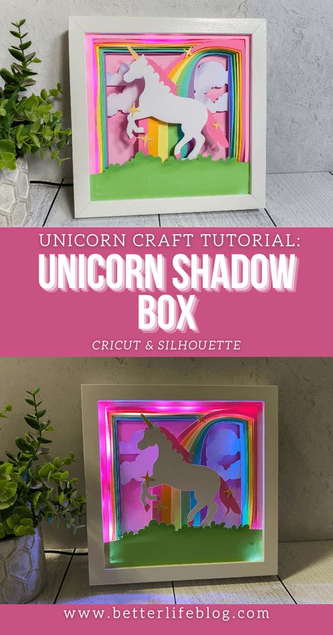 This Unicorn Shadow Box will make all of your magical wishes come true! The best part? You can make it yourself with our Unicorn SVG that’s works for both Cricut and Silhouette users. Rainbow Shadow Box Ideas, Unicorn Shadow Box Ideas, Unicorn Cricut Projects, Free Shadow Box Svg Files, Unicorn Picture Frame, Unicorn Projects, Unicorn Cricut, 3d Svg Files, Engraving Projects