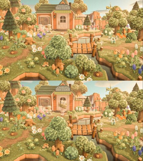 Acnh Able Sisters Cottagecore, Acnh Forest Shopping District, Acnh Forestcore Able Sisters, Acnh Cottagecore Flowers, Acnh Forestcore Nooks, Able Sisters Cottagecore, Shops Acnh Ideas, Able Sisters Animal Crossing Cottagecore, Acnh Island Inspo Cottagecore