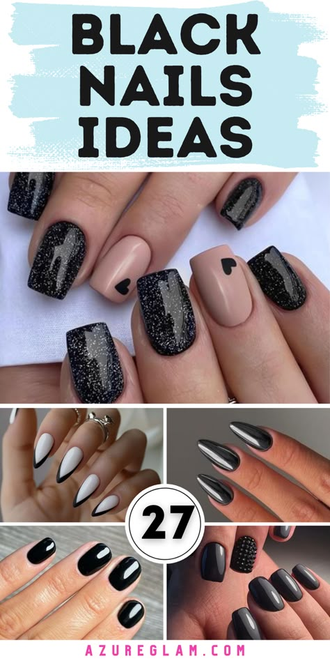 Top Black 22 Nail Trends: From Matte to Glitter and Beyond Black Winter Acrylic Nails, Black Glass Nail Designs, Nail Art Designs Black Colour, Black And White Dipped Nails, Accent Nails Glitter, Dark Dip Powder Nails Colors, Black Glitter Oval Nails, Black Square Gel Nails, Wedding Guest Nails For Black Dress