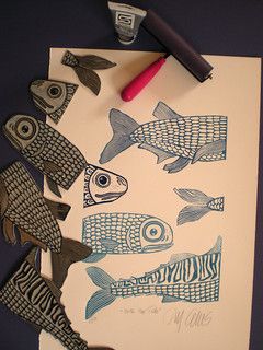 With the tide | plate modules, lino | Mariann Johansen-Ellis | Flickr Hand Carved Stamps, Stamp Carving, Linocut Art, Middle School Art, Fish Art, Lino Print, Elementary Art, Linoleum, Linocut Prints