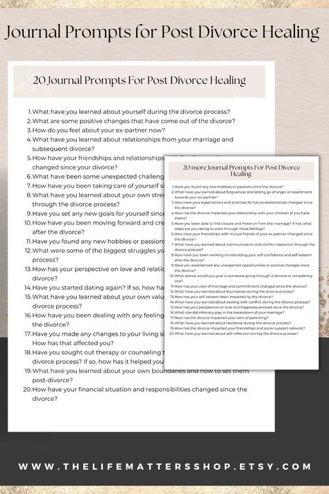 Journaling after a divorce can be a powerful way to process emotions, gain insight and understanding, and chart a path forward toward healing and personal growth. Download this handout and guide yourself or your clients through this difficult time. Download today and get journaling right away! 


WHAT YOU GET:
- 2 PDF's in US Letter and A4 sizes Journaling After Divorce, Divorce Journal Prompts, Healing From Divorce, Divorce Healing, Healing After Divorce, Process Emotions, After A Divorce, Divorce Recovery, Post Divorce