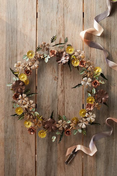 Anthropologie Metal Iron Wreath Inspiration Piece Garden Hose Wreath, Anthropologie Hacks, Succulent Wreath, Diy Cans, Metal Wreath, Diy Metal, Summer Diy, Farmhouse Wreath, Metal Flowers