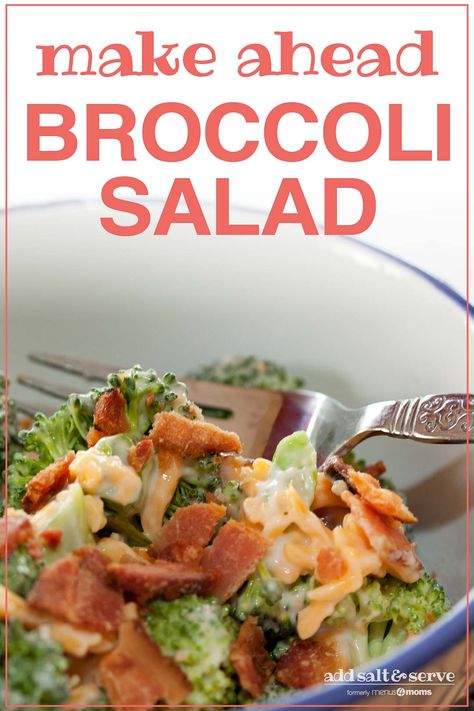 Broccoli Salad is a nice alternative to a side salad. It's quick and easy when you use the bags of fresh broccoli florets available at the supermarket, but be sure to allow time for the salad to chill. #addsaltandserve #menus4moms #healthysides #easysidedishes #notthesameoldsalad #broccolisalad Salad Recipes With Bacon, Creamy Broccoli Salad, Bacon Bites, Easy Broccoli Salad, Broccoli Bacon, Broccoli Salad Bacon, Creamy Broccoli, Broccoli Salad Recipe, Easy Cold