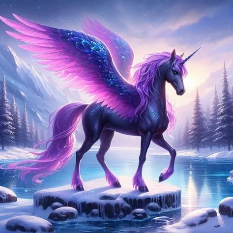 Purple Mythical Creatures, Fantasy Unicorn Art, Mythical Unicorn, Unicorn Picture, Pegasus Art, Fantasy Unicorn, Unicorn Artwork, Unicorn Wings, Unicorn And Fairies