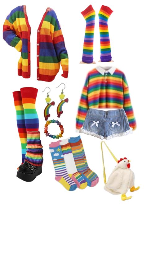 Clowncore Outfit, Weirdcore Outfits, Kidcore Outfit, Kid Core Aesthetic, Silly Clothes, Rainbow Outfit, Funky Outfits, Funny Outfits, Little Outfits