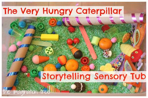 The Very Hungry Caterpillar Sensory Storytelling Tub - The Imagination Tree The Very Hungry Caterpillar Dramatic Play, Very Hungry Caterpillar Sensory, Caterpillar Sensory, Hungry Caterpillar Science Activity, Kindergarten Very Hungry Caterpillar, Eric Carle Classroom Theme, The Very Hungry Caterpillar Lesson Plans, Story Boxes, Retelling The Very Hungry Caterpillar