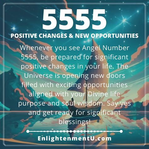 Whenever you see Angel Number 5555, be prepared for significant positive changes in your life. The Universe is opening new doors filled with exciting opportunities aligned with your Divine life purpose and soul wisdom. Say yes and get ready for significant blessings! 5555 Angel Numbers Meaning, 5555 Angel Number Meaning, 5555 Angel Numbers, 5555 Meaning, Spiritual Money, Angels Numbers, Numbers Meaning, Love Spiritual, Angel Number Meaning