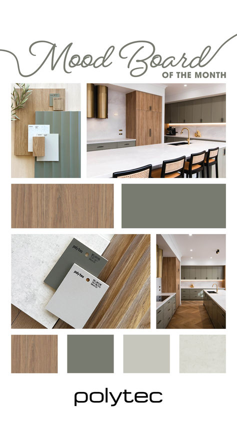 polytec's November Mood Board of the Month features Prime Oak Woodmatt, Topiary Smooth, Verdelho Smooth, and White Cement Matera or Smooth. Kitchen Cupboard Colours Color Schemes, Prime Oak Woodmatt Polytec, Polytec Agave Kitchen, Slate Green Kitchen, Coastal Kitchens 2024 Trends, Sage Green Kitchen Mood Board, Office Mood Board Interior Design, Kitchen Mood Board Colour Palettes, Polytec Kitchen