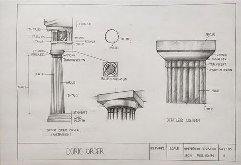 Architectural Sheets, Ancient Egypt Architecture, Doric Order, College Assignment, Architecture 101, Aesthetic Artsy, Architectural Orders, Greek Columns, Perspective Drawing Architecture