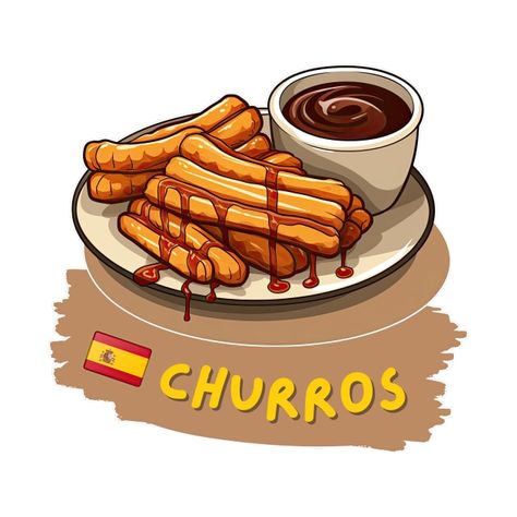 Check out this awesome 'Churros+%7C+Spanish+dishes' design on @TeePublic! Churros Illustration, Churros Drawing, Dishes Design, Spanish Tapas, Spanish Cuisine, Spanish Dishes, Easy Food Art, Fried Dough, Crispy Treats