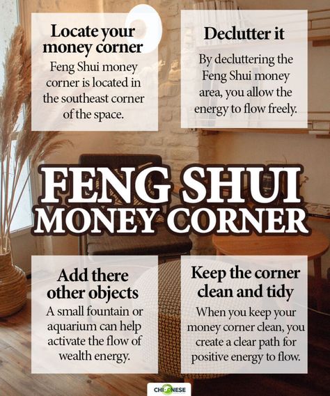 Feng Shui Money Corner, Feng Shui For Beginners, Feng Shui Directions, Money Corner, Feng Shui Basics, Feng Shui Office, Wealth Corner, Feng Shui Guide, Feng Shui Money