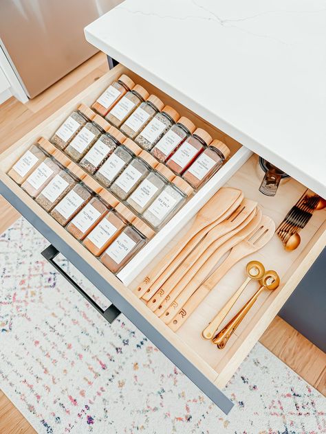 SPICE DRAWER ORGANIZATION | Gracefully Glam Kitchen Drawer Spice Organization, Deep Drawer Spice Organization, Spice Drawer Pull Out, Spice Drawer Organization, Gracefully Glam, Modern Organic Home, Spice Organization Drawer, Kitchen Sink Organization, Drawer Organization