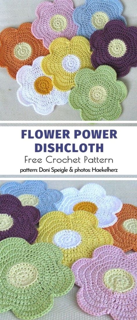 Flower Power Dishcloth Free Crochet Pattern #knittingideas #crochetideas #crochettips Flower Dishcloth, Jean Patches, Dishcloth Crochet Pattern, Crochet Dishcloth, Crochet Washcloth, Knit Dishcloth, Dishcloth Pattern, Crochet Kitchen, Crochet Dishcloths