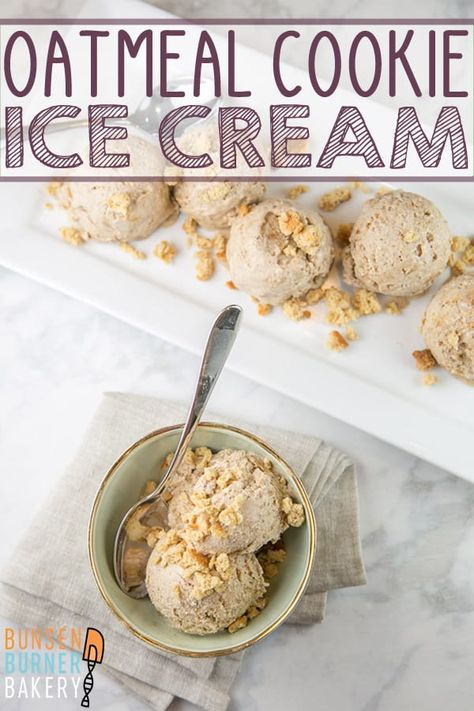 Oatmeal Cookie Ice Cream: This easy homemade ice cream recipe uses a cinnamon vanilla ice cream base with oatmeal cookie crumbles mixed in for the perfect year round treat. Enjoy a big scoop all summer long, but don't forget to make it in the fall and winter to top your favorite holiday pies and cakes! #bunsenburnerbakery #icecream #homemadeicecream #oatmealcookie #piealamode Oatmeal Cookie Ice Cream, Easy Ice Cream Recipe Homemade, Homemade Ice Cream Recipe, Easy Homemade Ice Cream, Best Oatmeal Cookies, Caramel Pears, Cookie Ice Cream, Oatmeal Cream Pies, Homemade Oatmeal