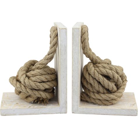 Diy Rope Design, Wood Bookends, Wooden Bookends, Decorative Bookends, Rope Diy, Tropical Home Decor, Nautical Design, Whitewash Wood, Rope Crafts