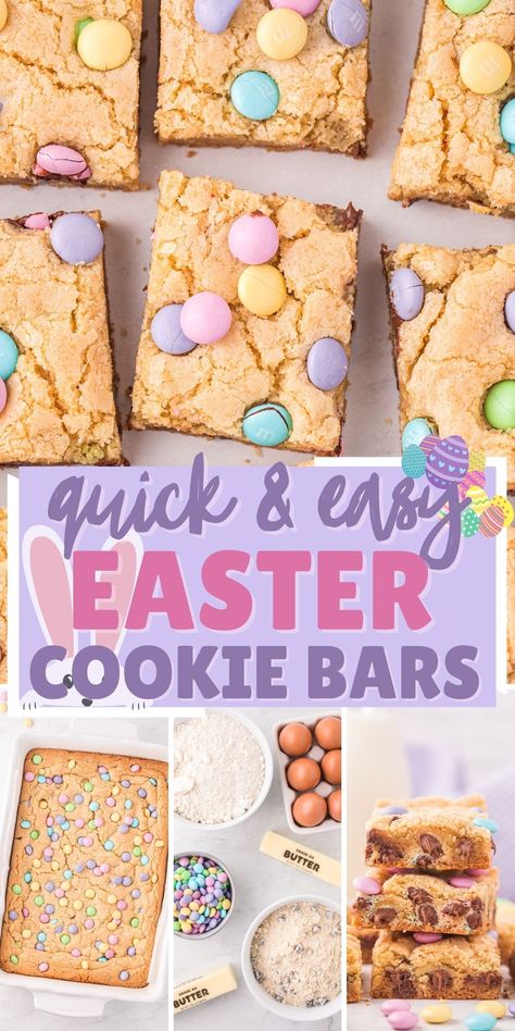 These quick and easy, semi-homemade Easter Cookie Bars use just 5 ingredients and are sure to satisfy any sweet tooth. Crispy on the outside, soft and chewy inside, thick and full of chocolate chips and pretty pastel Easter M&M's. You really can't go wrong with these dessert bars. Easter Cake Mix Cookie Bars, Easter Treats With M&ms, Easter Chocolate Chip Cookie Bars, M M Easter Cookie Bars Easy, Easter Blondie Bars, Easter M&m Cookie Bars, Easter Mm Cookies, Quick Easter Treats, Easter Cookie Bars Recipes