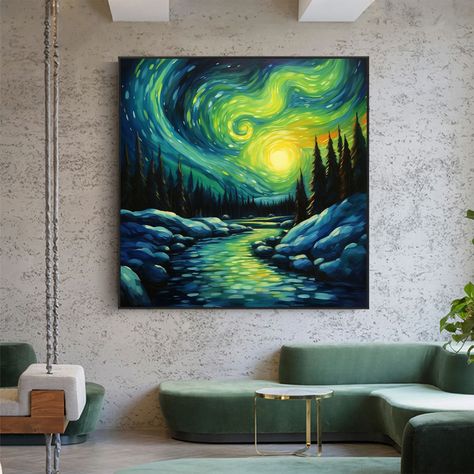 Original Aurora Oil Painting on Canvas,Large Wall Art,Abstract Minimalist Green Landscape Decor, Custom Painting Boho Wall Decor Living Room Green Minimalist Art, Boho Wall Decor Living Room, Kali Shiva, Green Minimalist, Shop Bar, Van Gogh Art, Art Green, Landscape Decor, Fantasy Art Landscapes